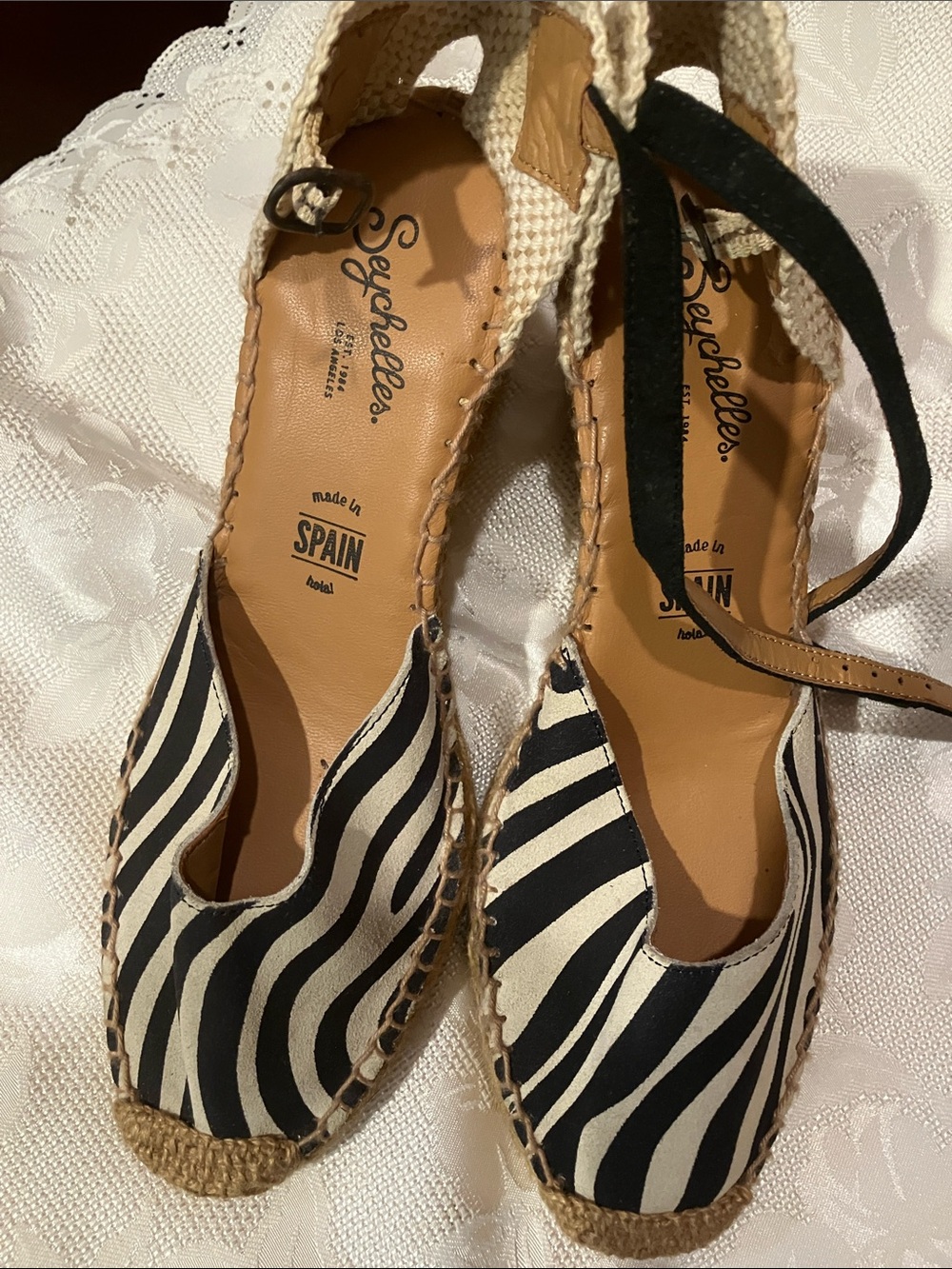 Seychelles Black and White Striped Espadrille Wedges with Ankle Tie